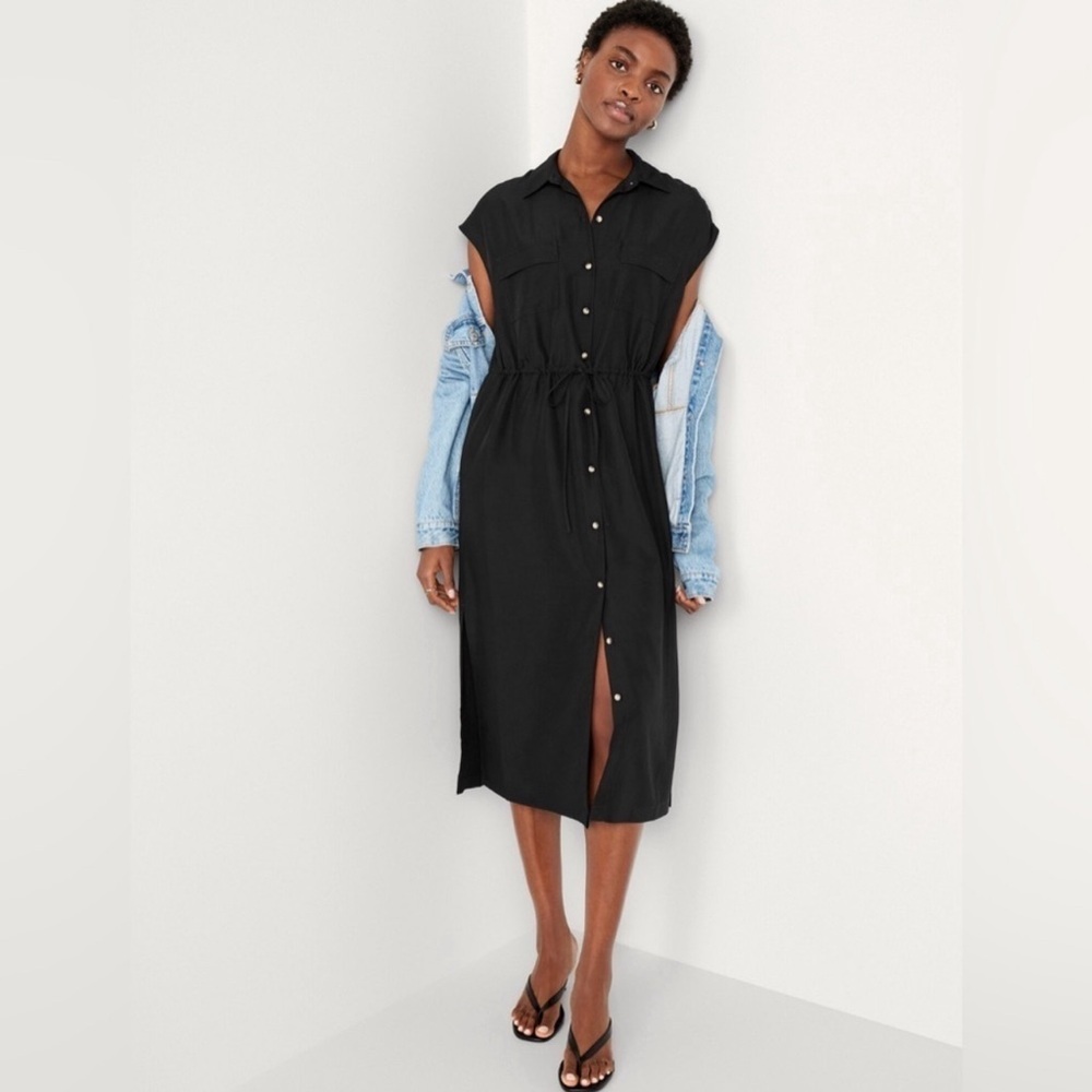 Navy Green Button-Down Shirt Dress with Cap Sleeves
